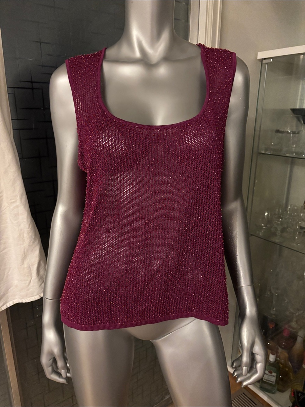 Sleeveless Beaded Knit Tank Top - Wine